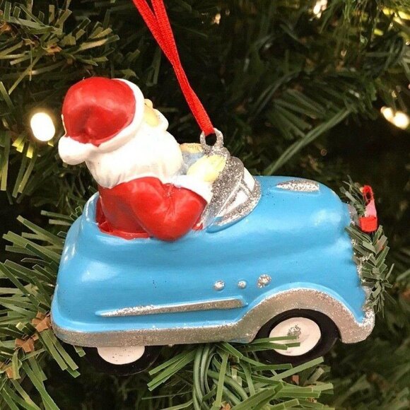 Santa Driving Blue & Silver Sports Car Christmas Tree Ornament Wreath Grill - Picture 8 of 9